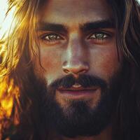 Jesus Christ portrait with illuminated background and deep gaze photo