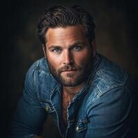 Handsome man in denim jacket poses confidently with a serious expression photo