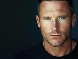 Captivating close-up of a man with striking green eyes and strong features photo