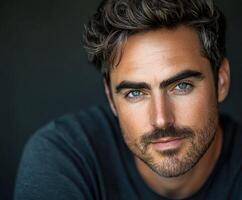 Close-up portrait of a man with striking blue eyes in soft lighting photo