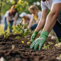 Community members planting trees in a park during springtime photo