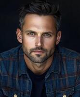 Casual portrait of a man wearing a denim jacket against a dark background photo