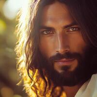 Jesus Christ with flowing hair and beard in serene natural setting photo