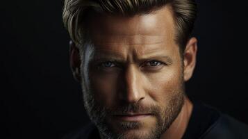 Close-up portrait of a man with striking blue eyes and rugged features photo