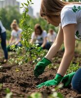 Volunteers with green gloves are planting young trees in a community garden photo