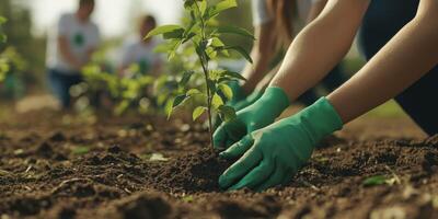 Volunteers plant trees in park during spring clean-up photo