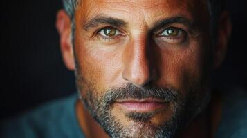 Close-up portrait of a man with a beard and striking brown eyes indoors photo