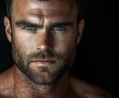 Close-up portrait of a man with piercing blue eyes and rugged beard photo
