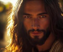 Jesus Christ depicted in a serene setting with natural light at sunrise photo