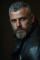 A man with a greying beard and blue eyes wearing a leather jacket photo