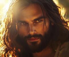 Jesus Christ portrayed with soft sunlight highlighting his features photo