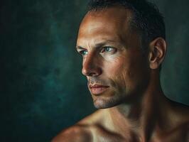 Man with intense gaze poses against a dark background in soft light photo