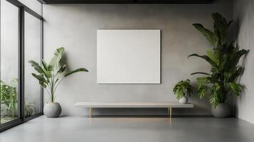 Modern living space with empty canvas and indoor plants in natural light photo