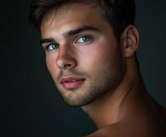 A young man with captivating blue eyes leans slightly towards the camera photo