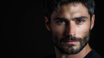 Close-up of a man with beard and piercing gaze against a dark backdrop photo