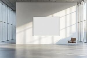 Minimalist gallery space with empty canvas and wooden chair in sunlight photo
