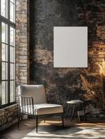 Cozy indoor space with a modern chair and blank wall artwork photo