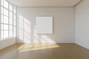Bright, minimalist gallery interior with empty canvas in natural light photo