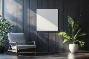 Modern living room with plant and minimalist artwork in afternoon light photo