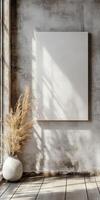 Empty wall space with sunlight and decorative plant in a cozy room photo