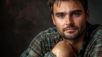 A thoughtful young man gazes intently while resting his chin on his hand photo