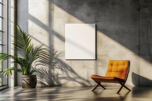 Modern indoor space with a blank canvas and stylish armchair in sunlight photo