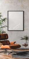 A modern living room with a brown chair and blank frame on the wall photo