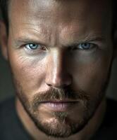 Intense gaze of a man with piercing blue eyes in soft lighting photo
