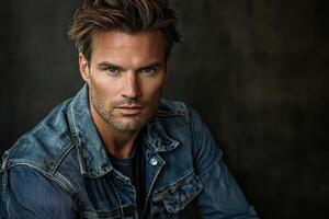 Stylish man in denim jacket posing confidently against dark background photo