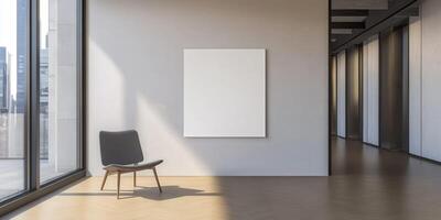 Contemporary art gallery interior with empty canvas and modern chair photo