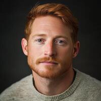 Red-haired young man in a sweater on a dark background photo