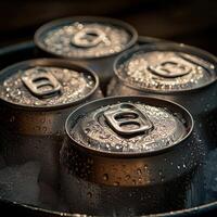 Cold beverage cans resting in ice on a summer afternoon photo