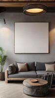 Contemporary living room with empty canvas and cozy decor elements photo