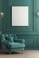 Elegant green velvet armchair in a stylish interior with empty frame photo