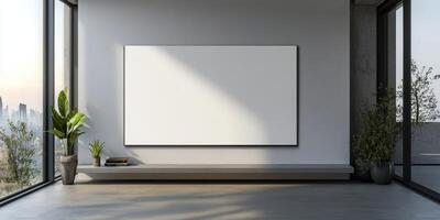 Modern living room with an empty canvas on display in bright lighting photo