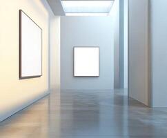 A bright, minimalist gallery showcases two empty frames on white walls photo