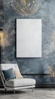 Modern living room with minimalist decor and blank canvas on the wall photo