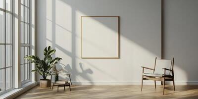 Bright minimalist room with natural light and a blank frame photo