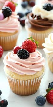 Delicious cupcakes with berry toppings on display at a dessert table photo