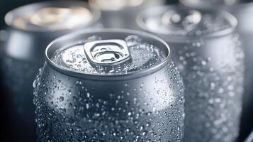 Cool, refreshing beverage cans close-up on a dark background photo