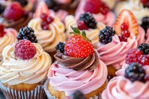 Colorful cupcakes with fresh berries displayed at a dessert counter photo