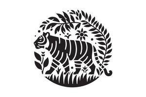 A tiger in the jungle with leaves and flowers vector