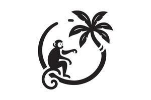 A monkey is sitting on a palm tree in a logo vector