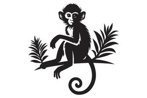 A black and white illustration of a monkey sitting on a branch vector