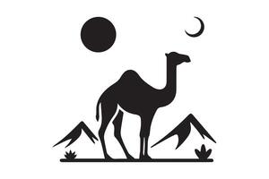 A silhouette of a camel in the desert with a moon and stars vector