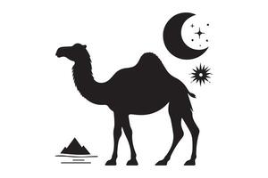 A silhouette of a camel with a crescent and moon vector