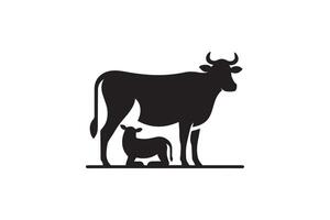 A cow and calf are shown in a black and white logo vector