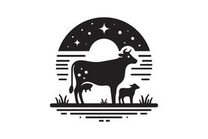 Cow and calf in the field with stars vector