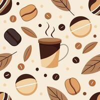 Coffee beans and leaves pattern with a cup of coffee vector