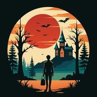 A man is walking in front of a castle with bats flying around him vector